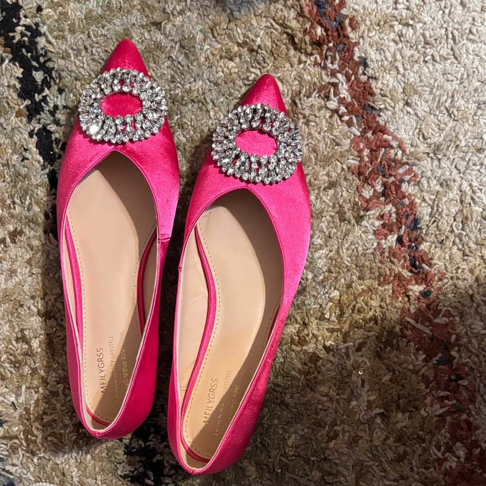 Fuchsia Satin Flats with Crystal Detail